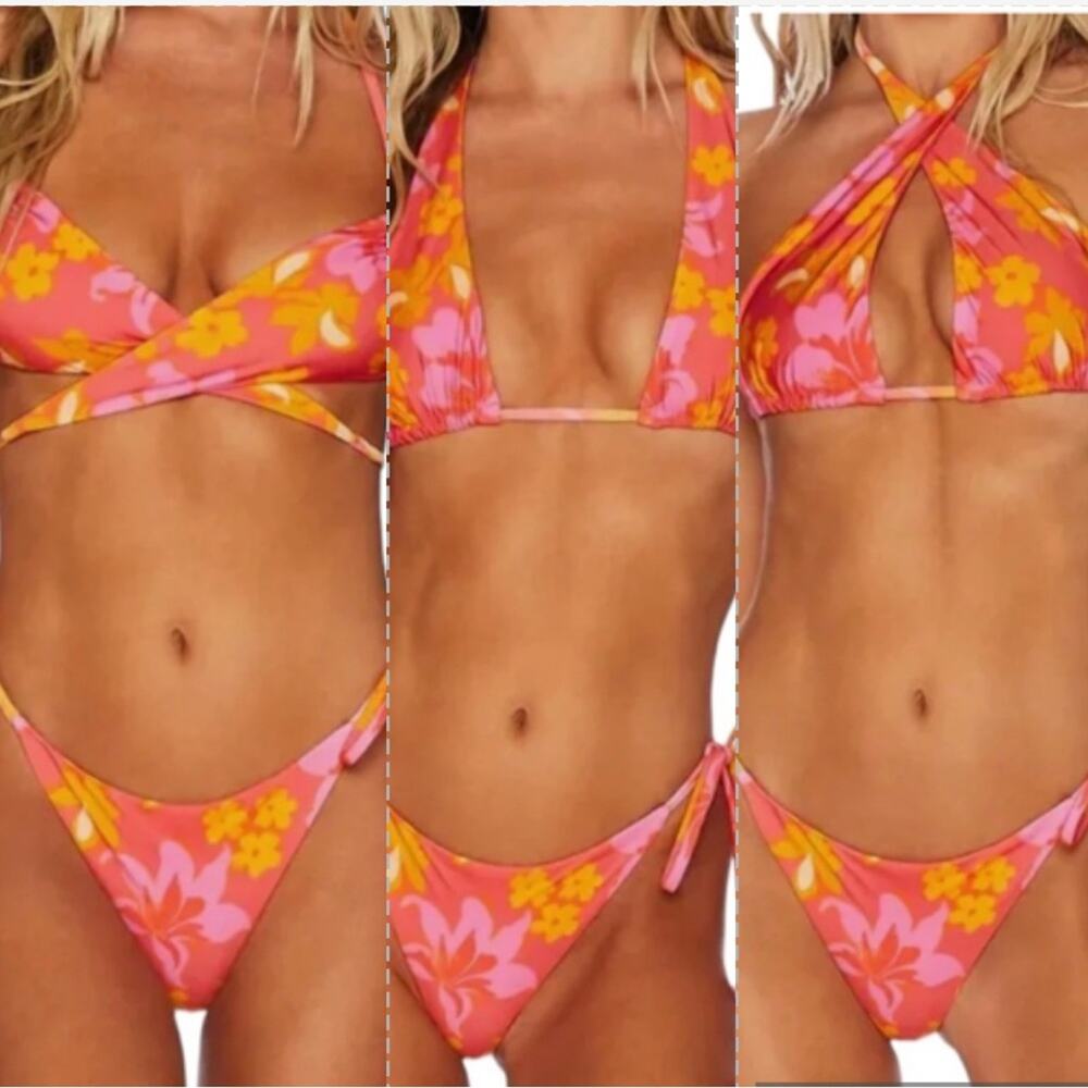 Beach Riot 2 piece floral hibiscus bright color bikini with flower beads small